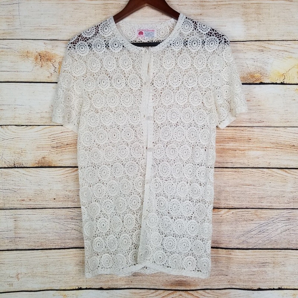 Vintage Cottagecore Red Peacock Hand Crochet Top Shirt Size M Cream Circle Doily